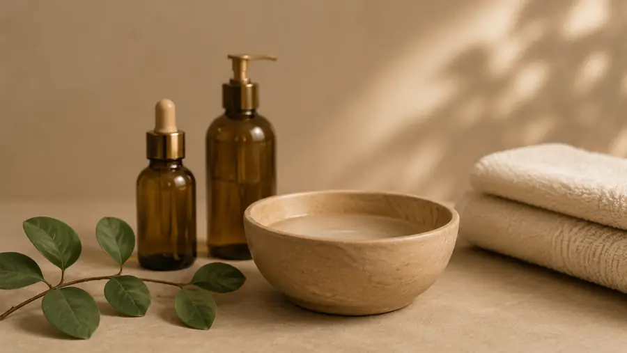 Naturkosmetik: Pflegeöle, Holzschale und Handtücher